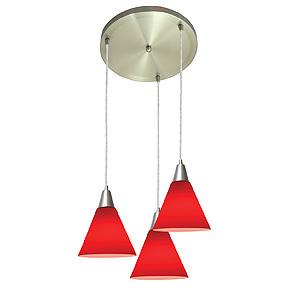 Three Light Red  Glass Brushed Steel Multi Light Pendant