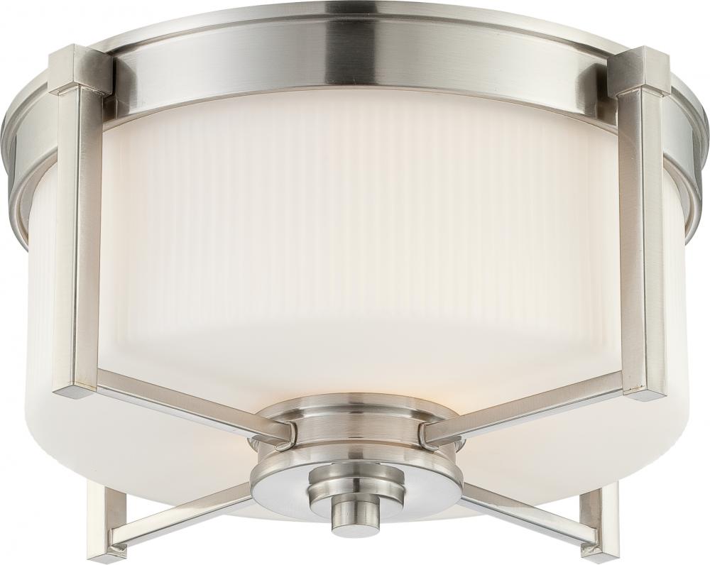 2-Light Flush Mount Ceiling Light in Brushed Nickel Finish with White Satin Glass