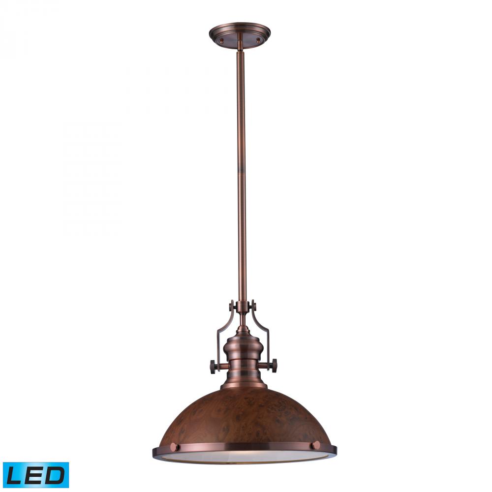 One Light Antique Copper Burl Wood Shade Down Pendant